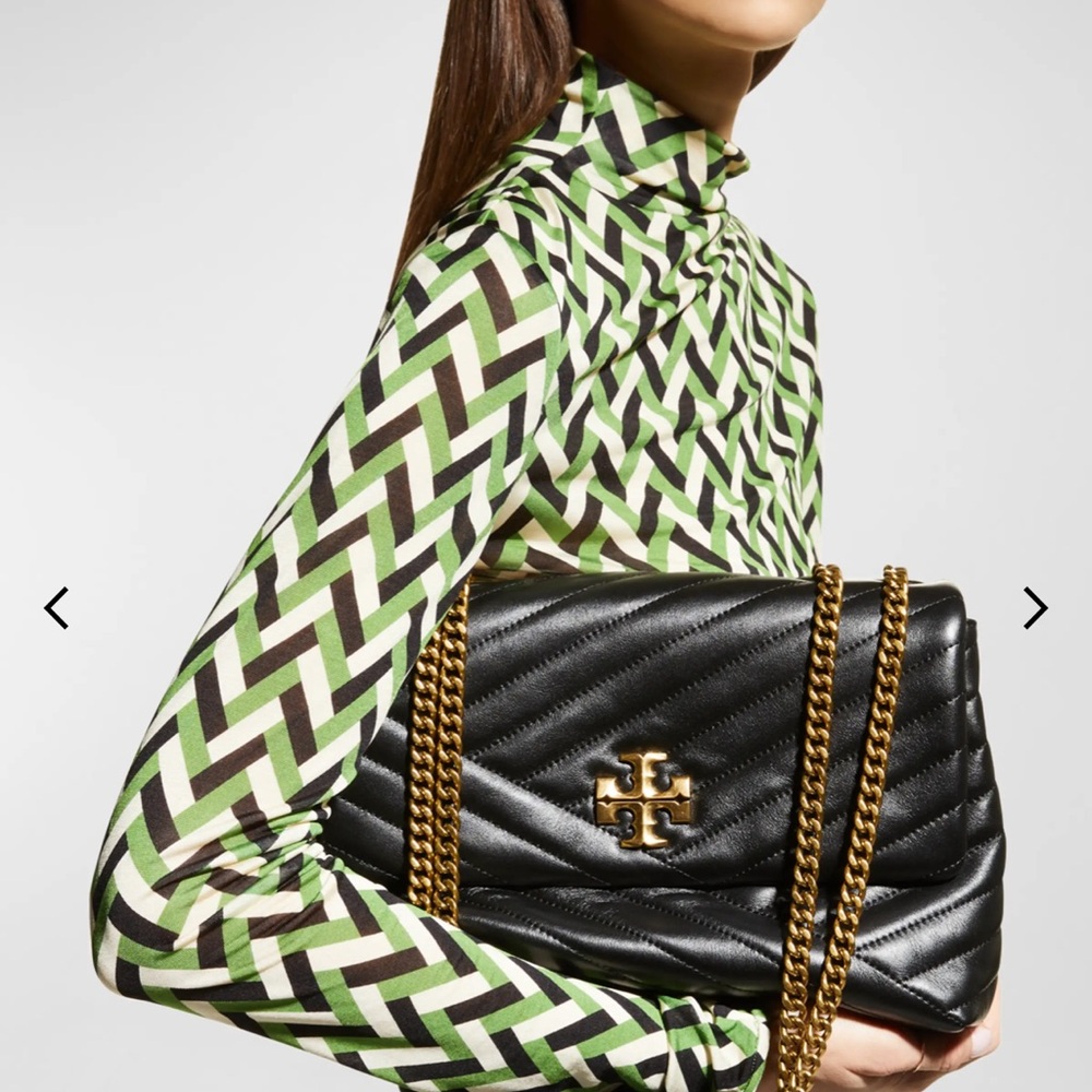 Tory Burch Kira chevron Black and Gold Quilted Shoulder Bag